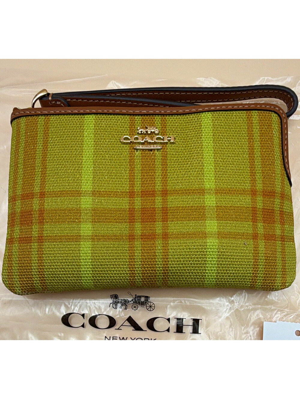 Coach Plaid Zip Wristlet Pouch Green/Brown Leather Strap Gold Hardware Logo